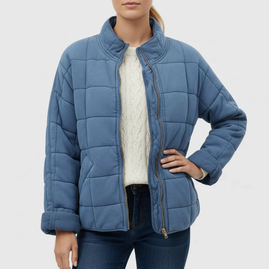 Women's quilted bomber jacket stand collar loose fit versatile outerwear transitional weather style