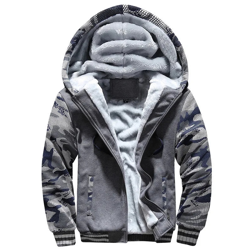Men's winter hoodie jacket thick fleece lined camouflage sleeves hooded design warm outdoor comfort