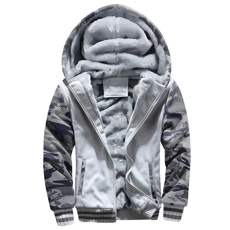 Men's winter hoodie jacket thick fleece lined camouflage sleeves hooded design warm outdoor pullover