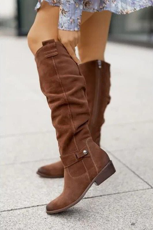Women's taupe suede knee-high boots low heel with side zipper and gold buckle detail