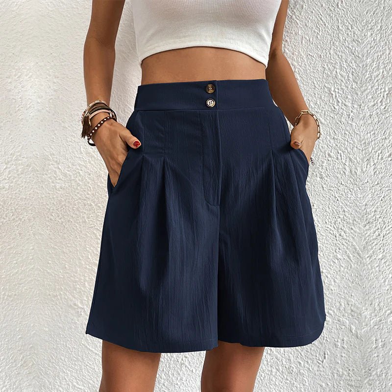 Women's high waist wide leg pleated shorts with double-button waistband and side pockets, smart-casual