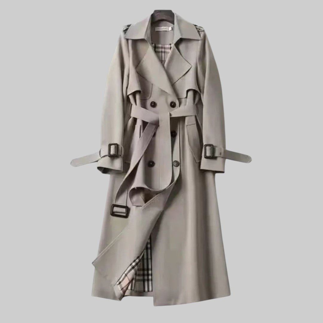 Classic beige tailored trench coat with elegant detailing and flattering silhouette