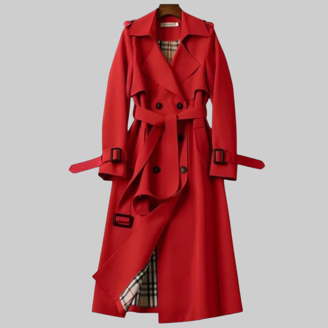 Classic beige tailored trench coat with elegant detailing and flattering silhouette fit
