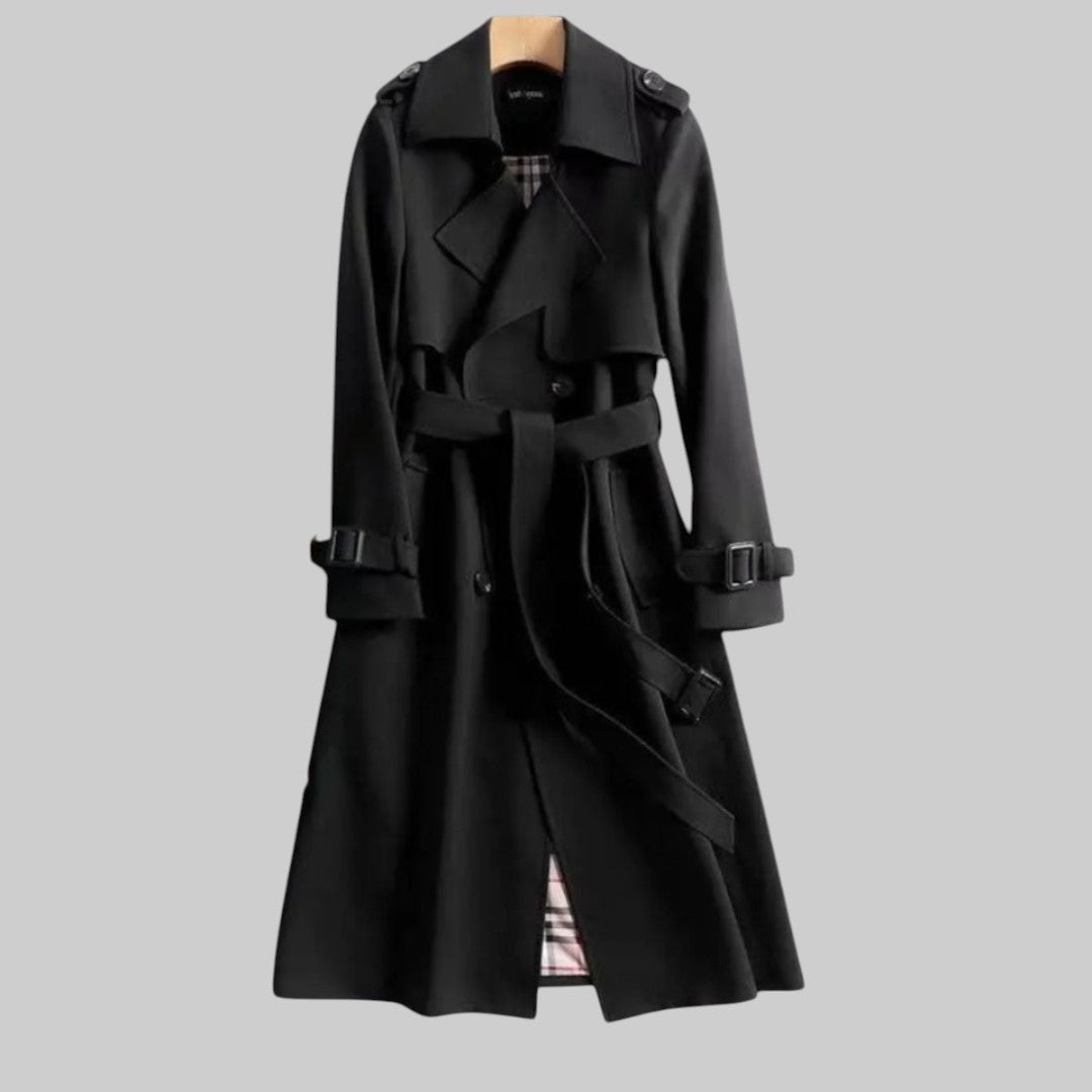 Classic beige tailored trench coat with elegant detailing and flattering structured silhouette