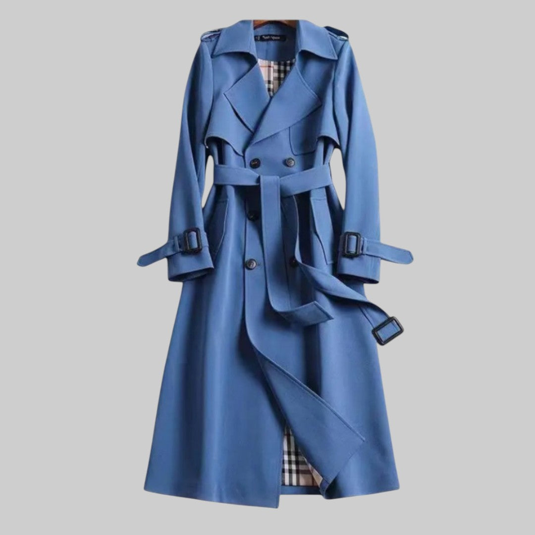 Classic beige tailored trench coat with elegant detailing and flattering silhouette