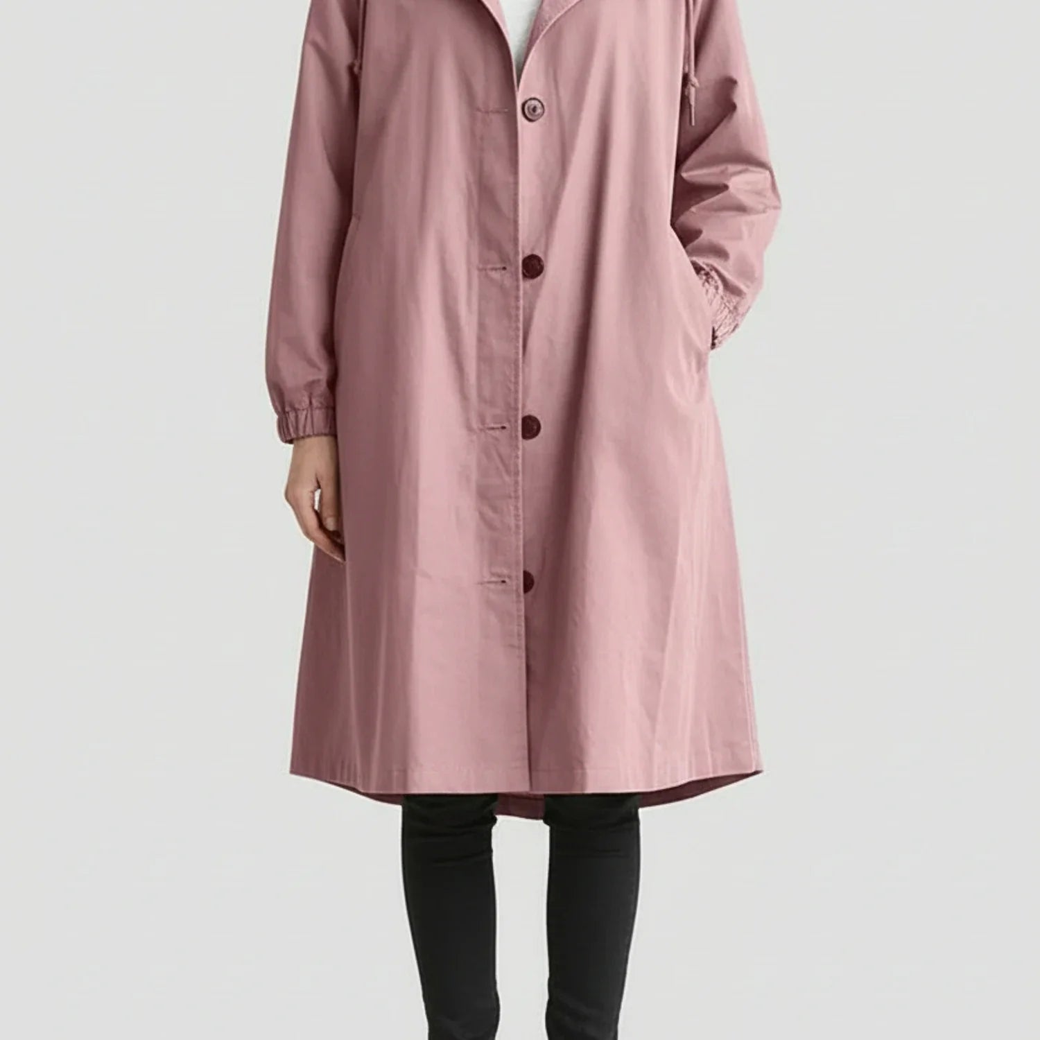 Women's hooded long coat A-line silhouette with drawstring hood and side pockets