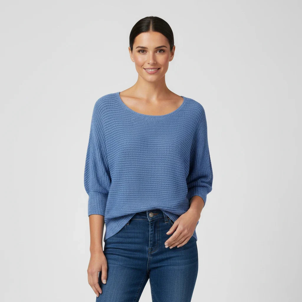 Women's beige knit sweater scoop neck drop shoulder relaxed fit three quarter sleeve layering style