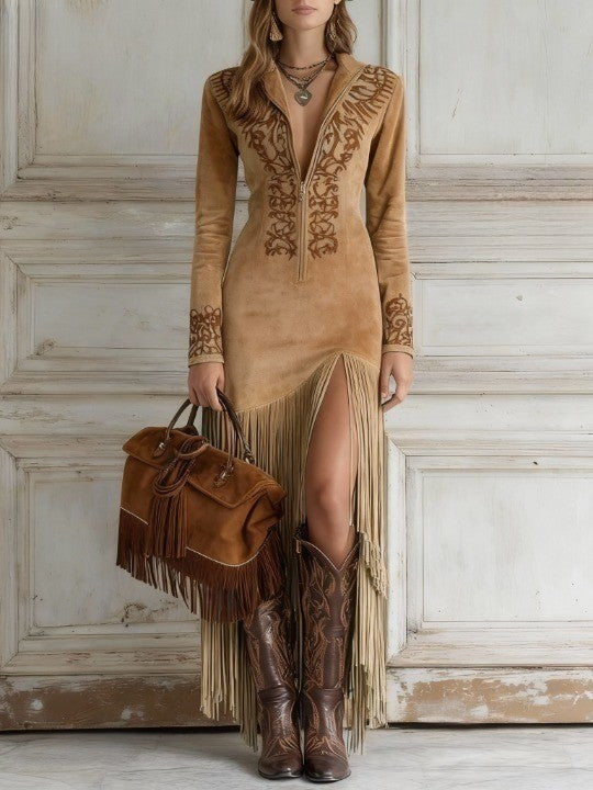 Brown suede fringe maxi dress with flowing fringe accents and elegant silhouette for women