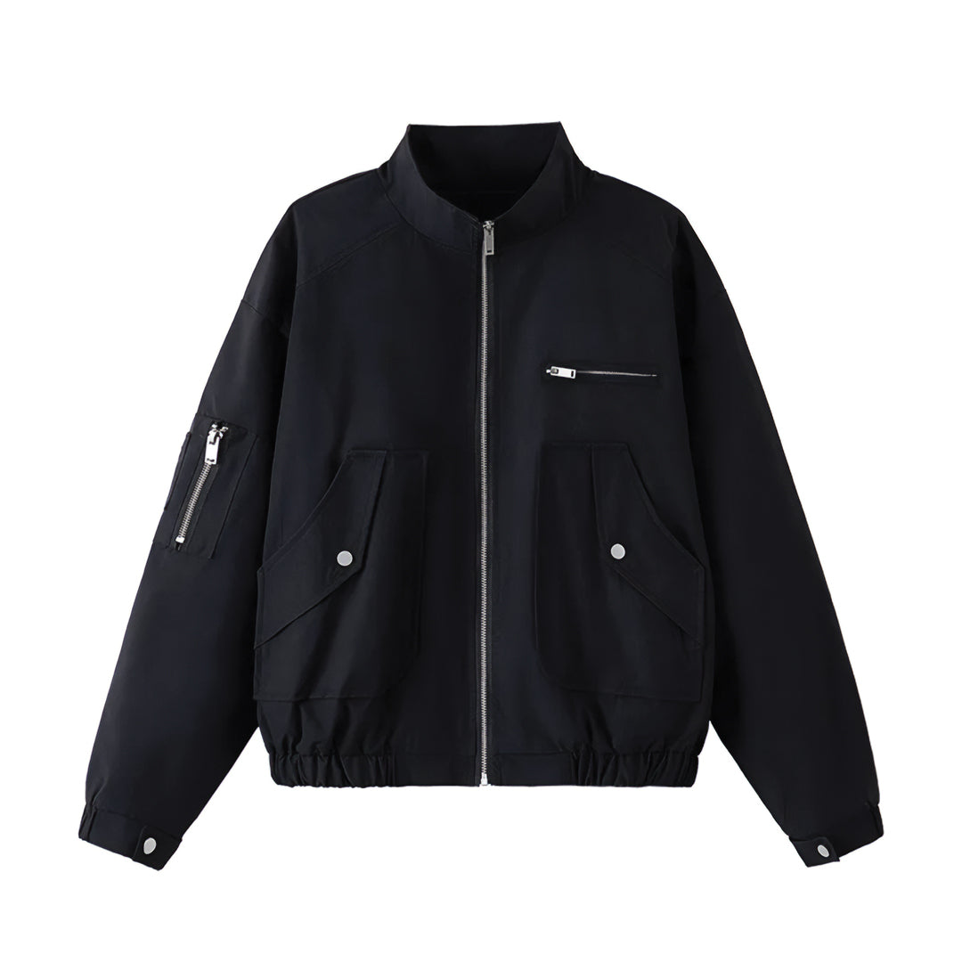 Pylon short nylon jacket relaxed fit with turn-down collar and multi-pocket zipper design