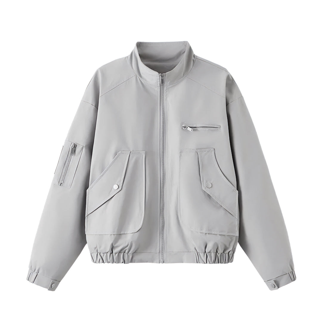 Pylon short nylon jacket relaxed fit with turn-down collar, zipper closure and multi-pocket design