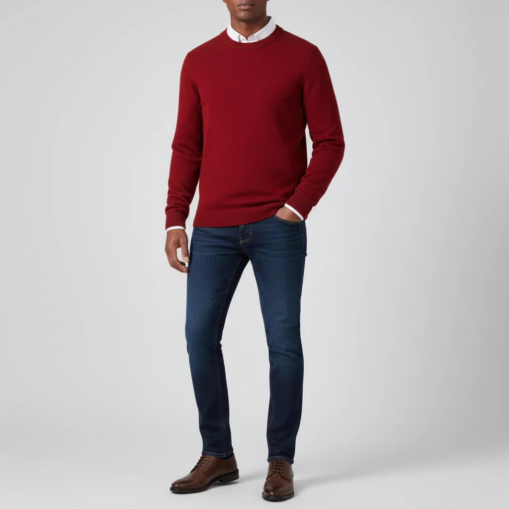 Light blue men's crew neck knit sweater regular fit with ribbed cuffs, timeless wardrobe essential