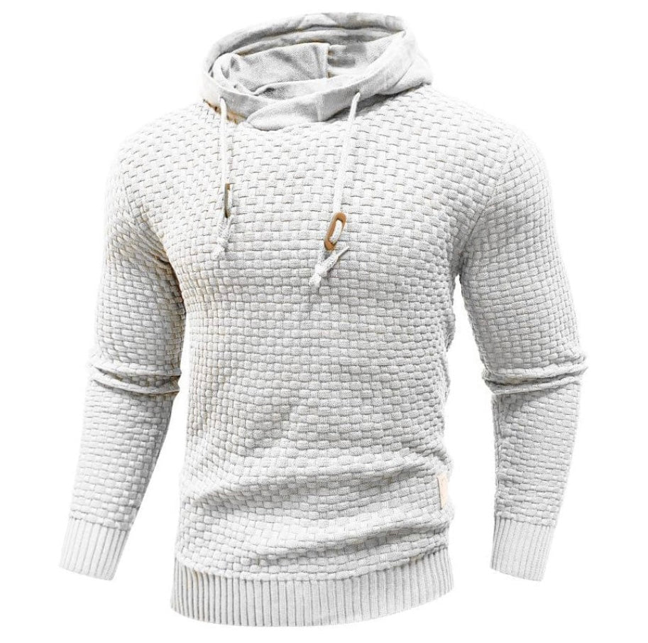 Men's textured grid-knit hoodie in neutral tone with drawstring hood and modern everyday fit