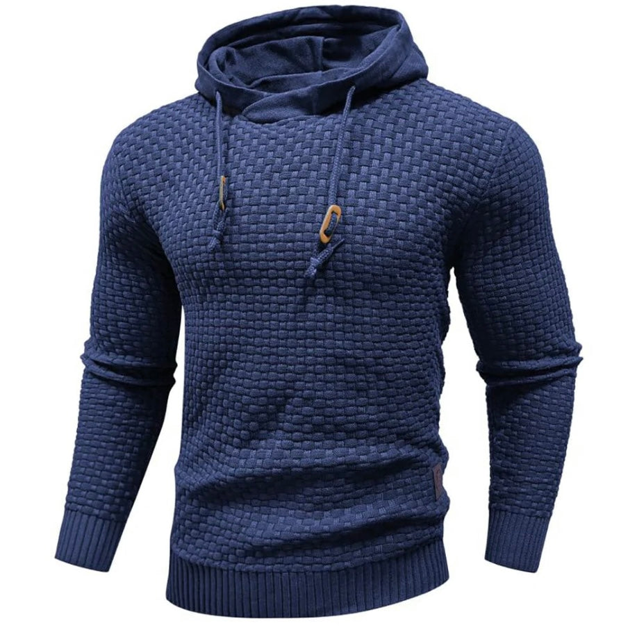 Men's textured grid-knit hoodie in modern fit with drawstring, versatile everyday style
