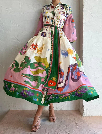 Women's printed collared maxi dress fit-and-flare long sleeve elegant silhouette full-length skirt