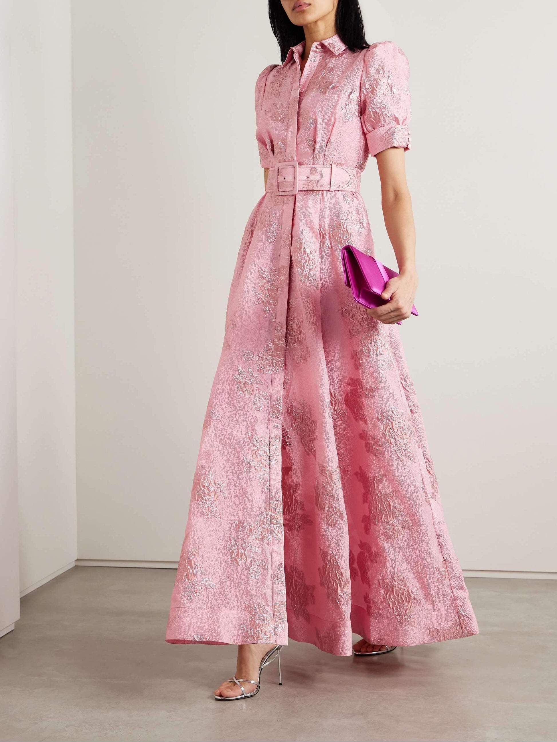 Pink high-waist retro wedding guest dress with chic lapel neckline and 1950s-inspired silhouette