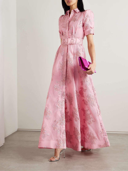 Pink high-waist retro wedding guest dress with chic lapel neckline and 1950s-inspired silhouette