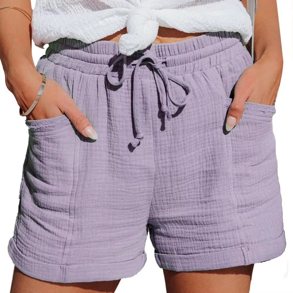 Women's relaxed fit textured cotton shorts with elastic drawstring waist and side pockets