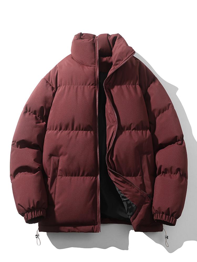 Men's lightweight quilted puffer jacket in neutral tone with high collar and adjustable hem