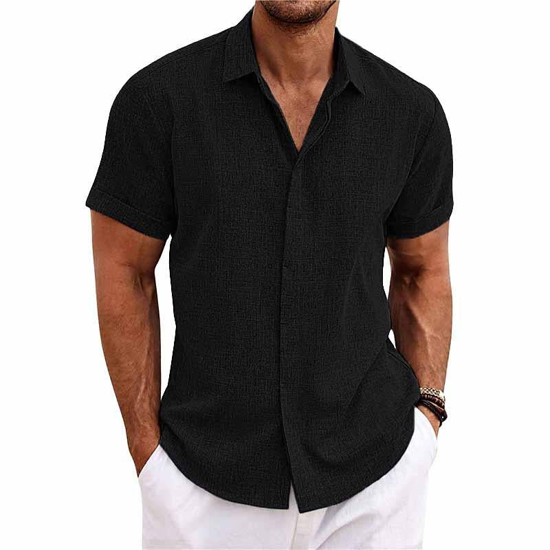 Men's short sleeve linen cotton blend shirt regular fit breathable lightweight casual button closure