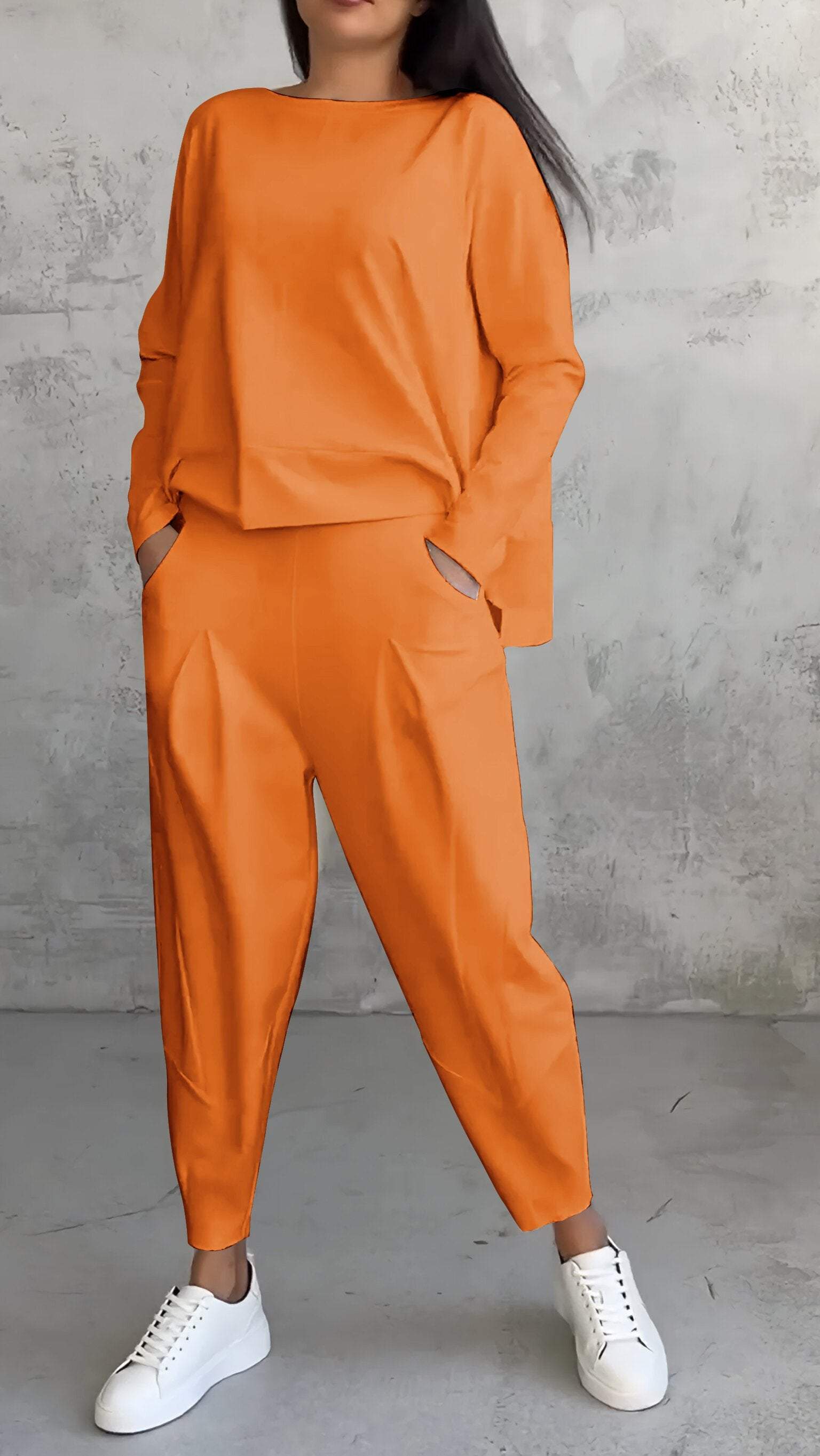 Women's heather gray 2-piece lounge set boat-neck top tapered pleated pants relaxed matching outfit