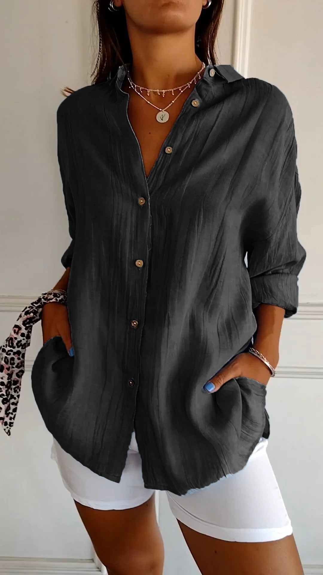 Azure blue oversized linen-look button-down shirt with wooden-tone buttons and relaxed spread collar