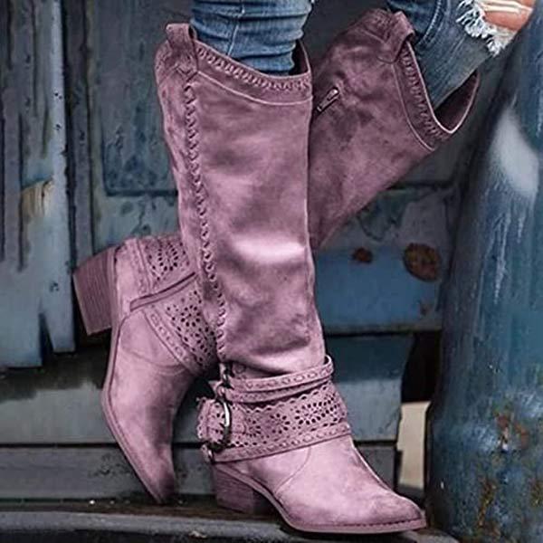 Women's suede-texture cowboy boots with pointed toe, low heel, and delicate embroidery details
