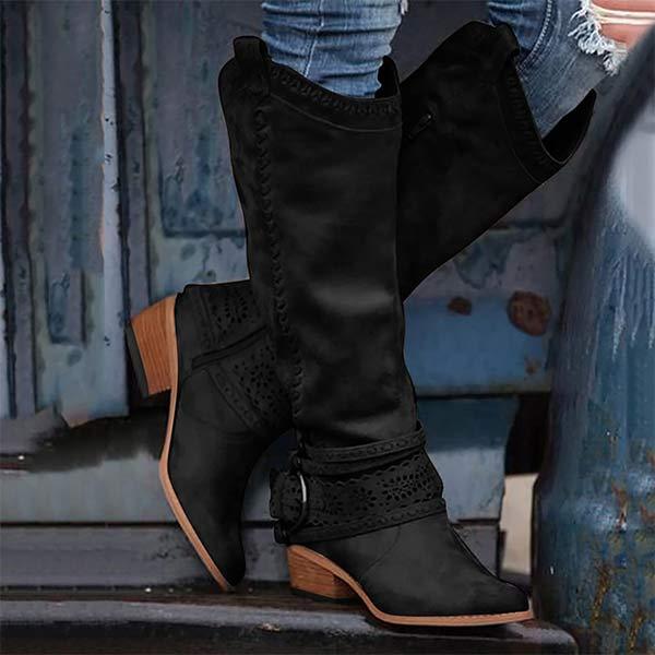 Women's suede-texture cowboy boots with pointed toe, low heel, and delicate embroidery details