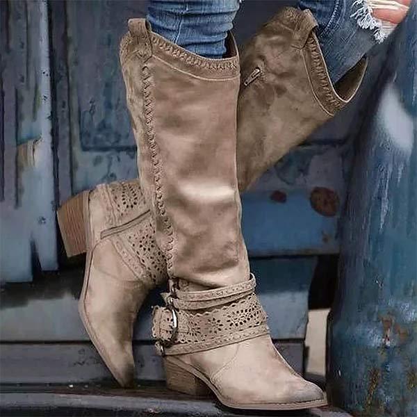 Women's suede-texture cowboy boots with pointed toe, low heel, and delicate embroidery details