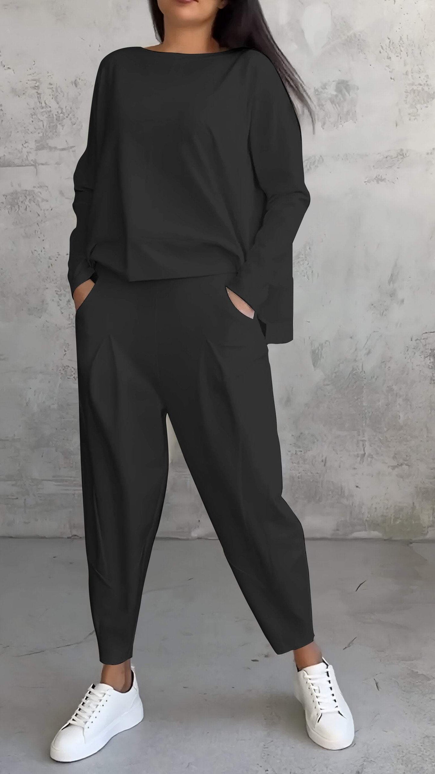 Women's gray 2-piece lounge set boat-neck long sleeve top with tapered pleated pants