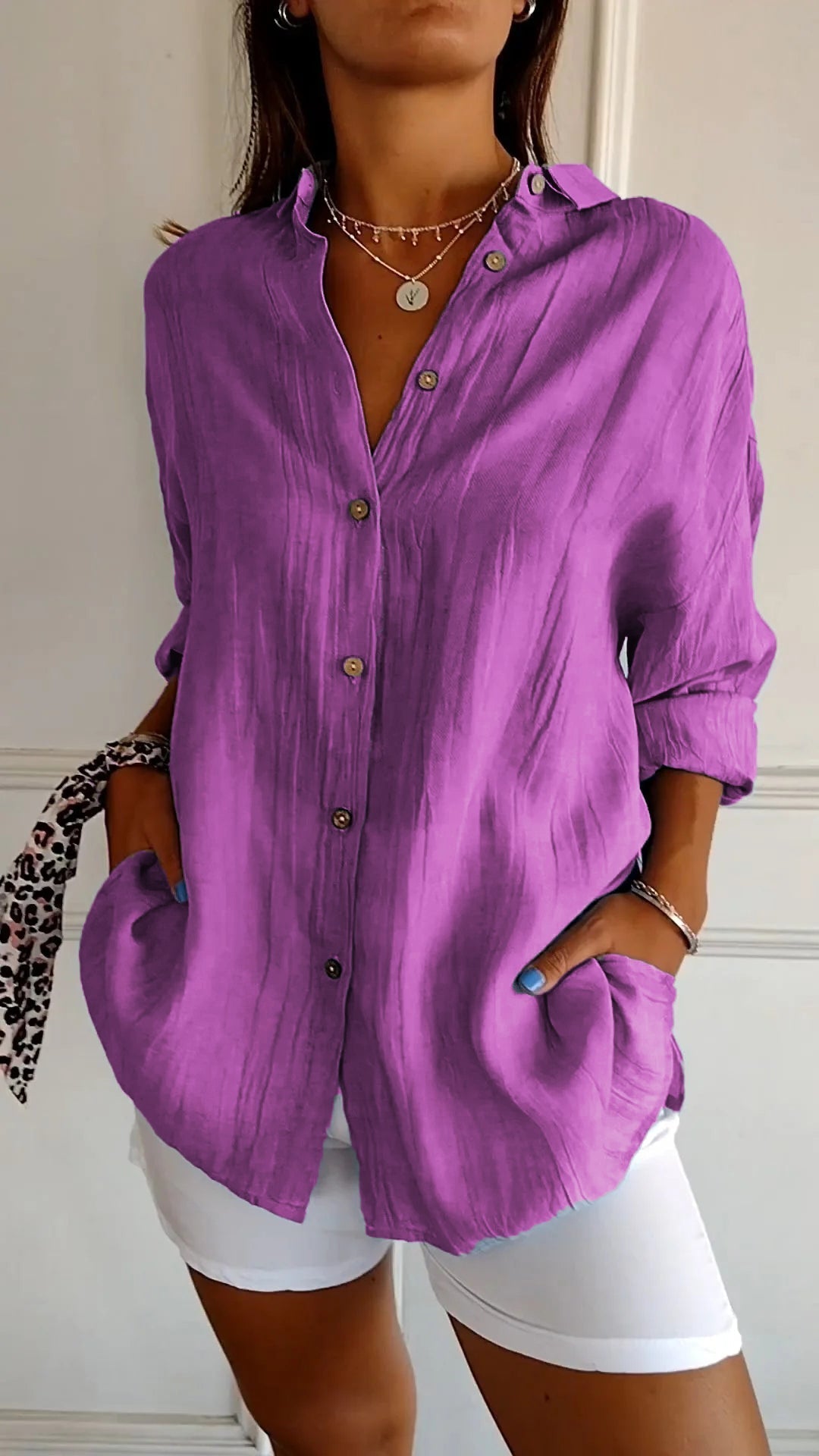 Azure blue oversized linen-look women's shirt with wooden-tone buttons and relaxed long sleeve fit