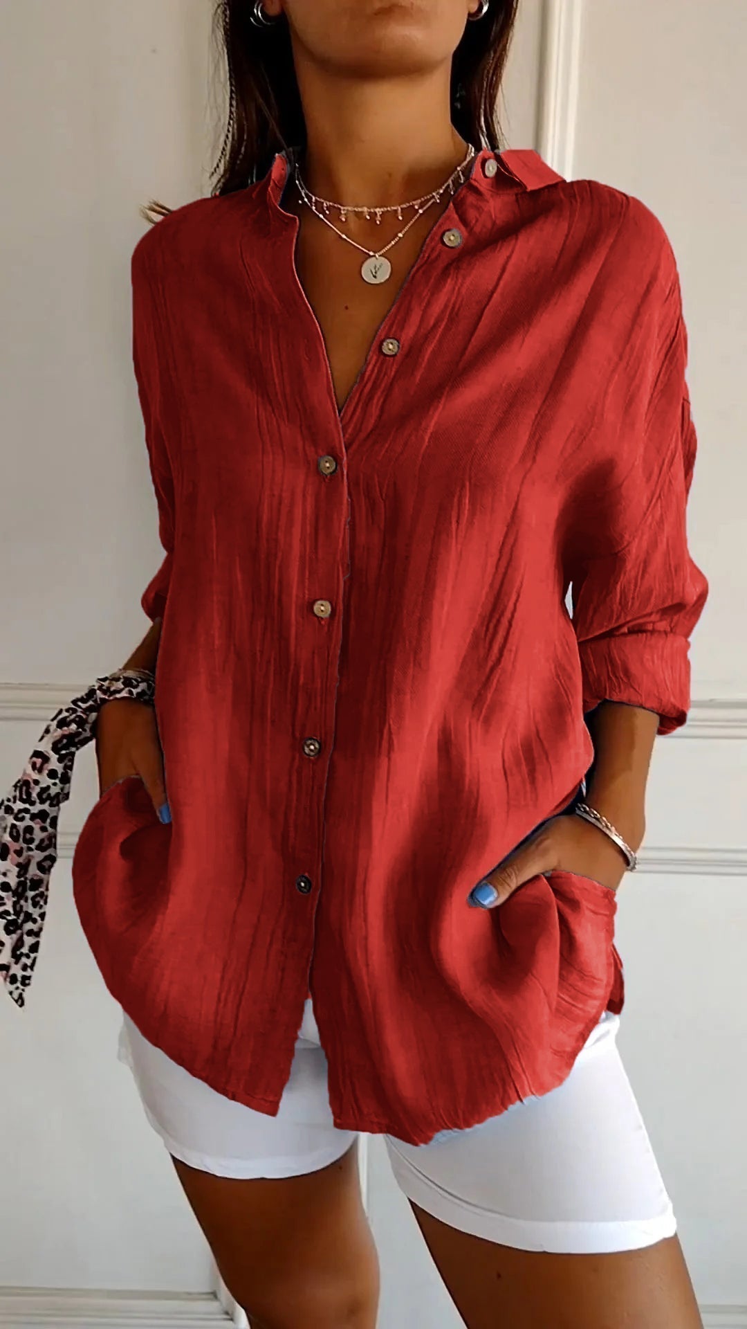 Azure blue women's oversized linen-look button-down shirt with wooden-tone buttons and spread collar