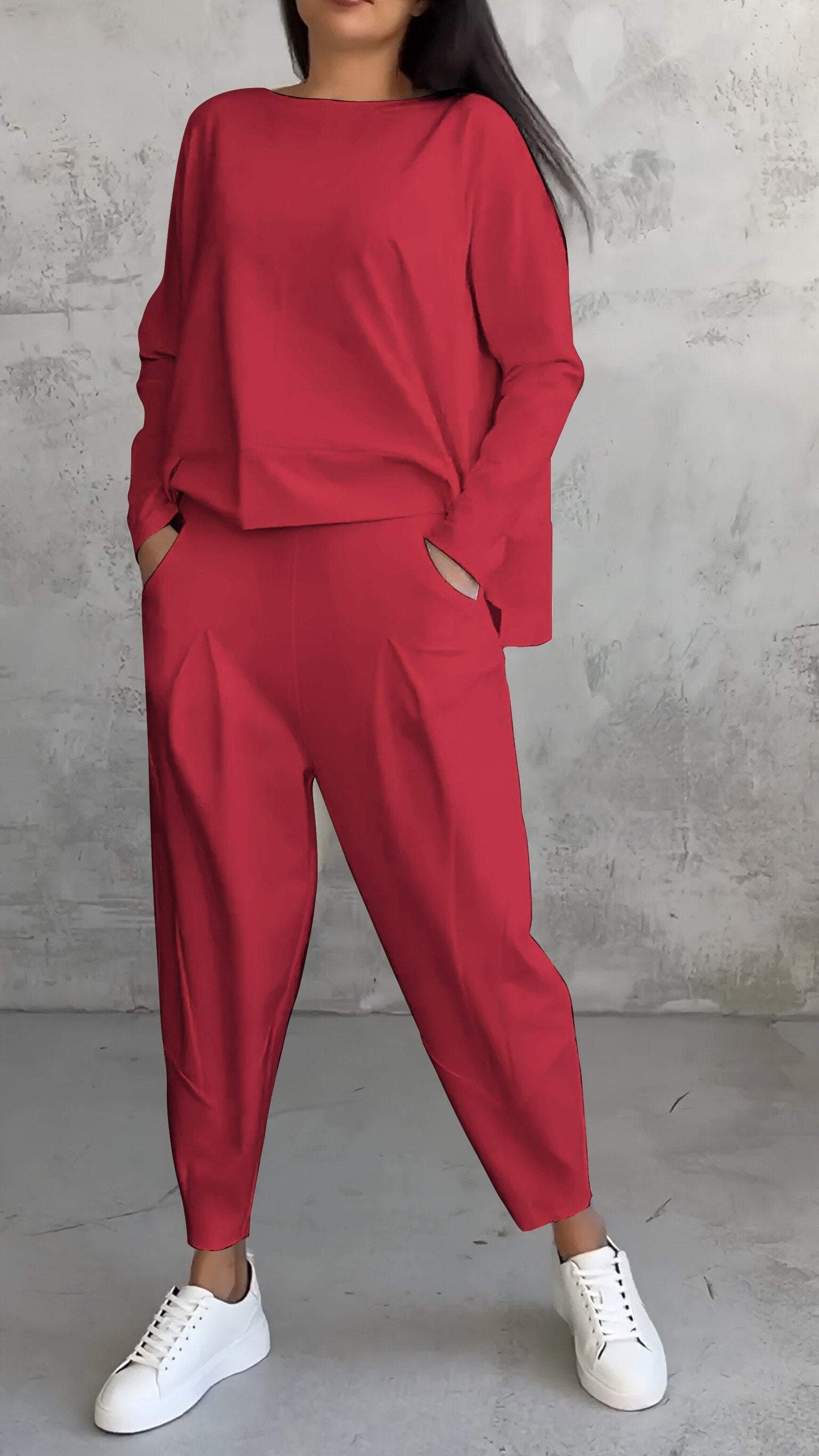 Women's ivory 2-piece lounge set boat-neck long sleeve top tapered pleated pants matching set