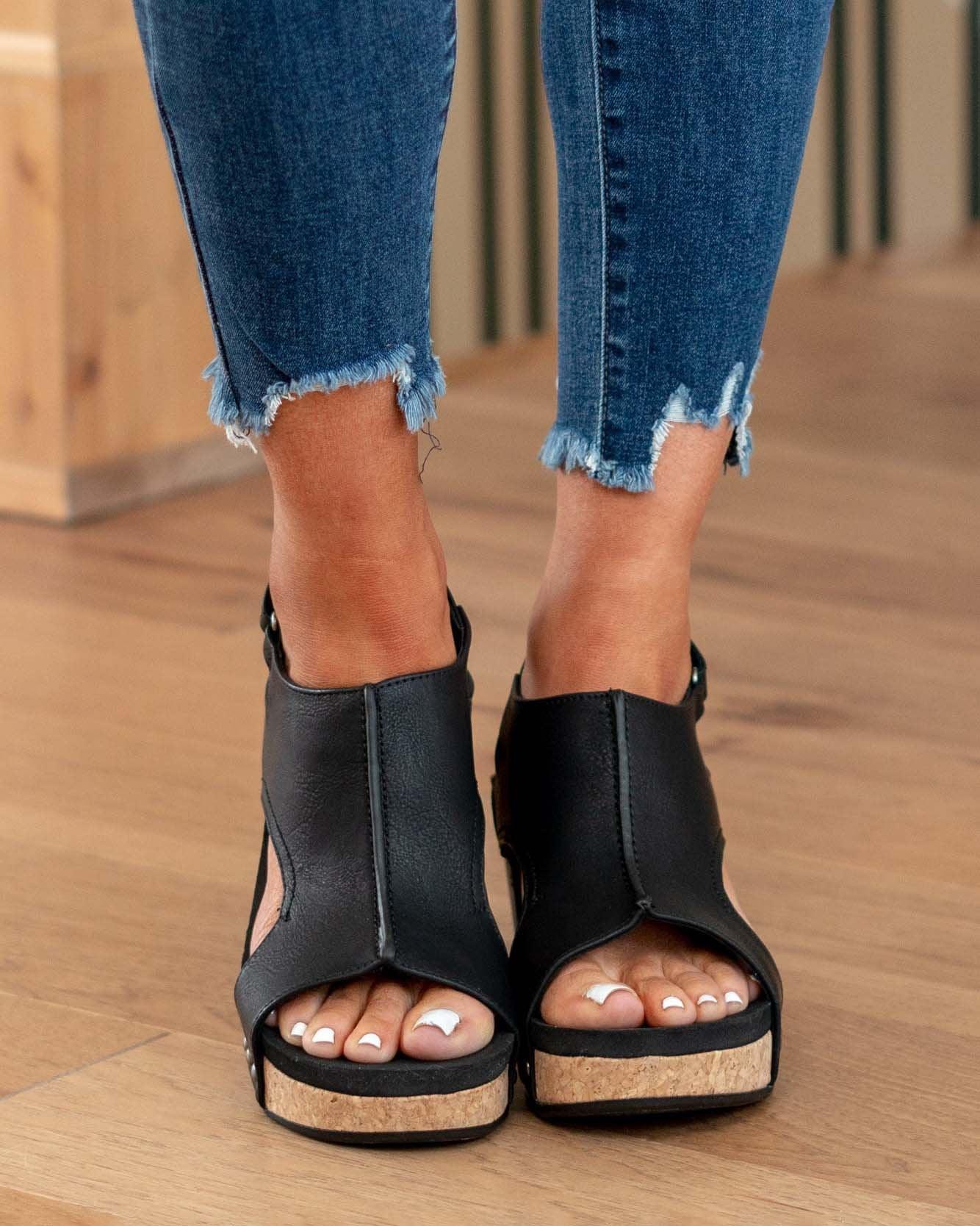 Madeline vegan leather wedge sandals with cork heel, polished cruelty-free style for women