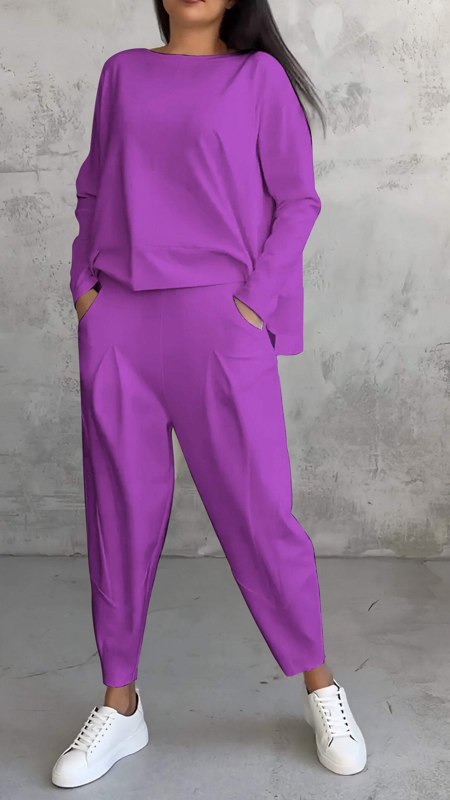 Women's ivory 2-piece lounge set boat-neck long sleeve top and tapered pleated pants matching set