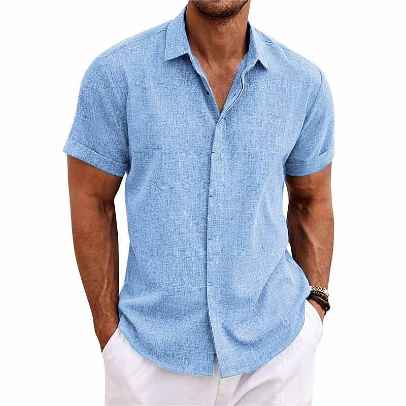 Men's short sleeve linen cotton blend shirt regular fit breathable lightweight casual button-up