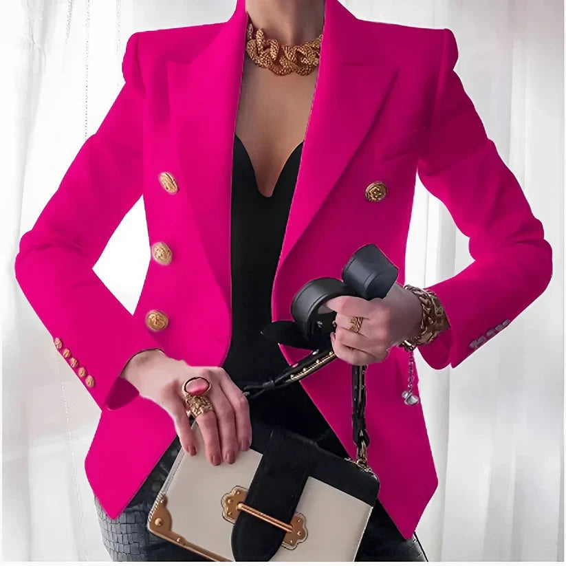 Women's classic double-breasted blazer tailored fit structured shoulders with gold-tone buttons