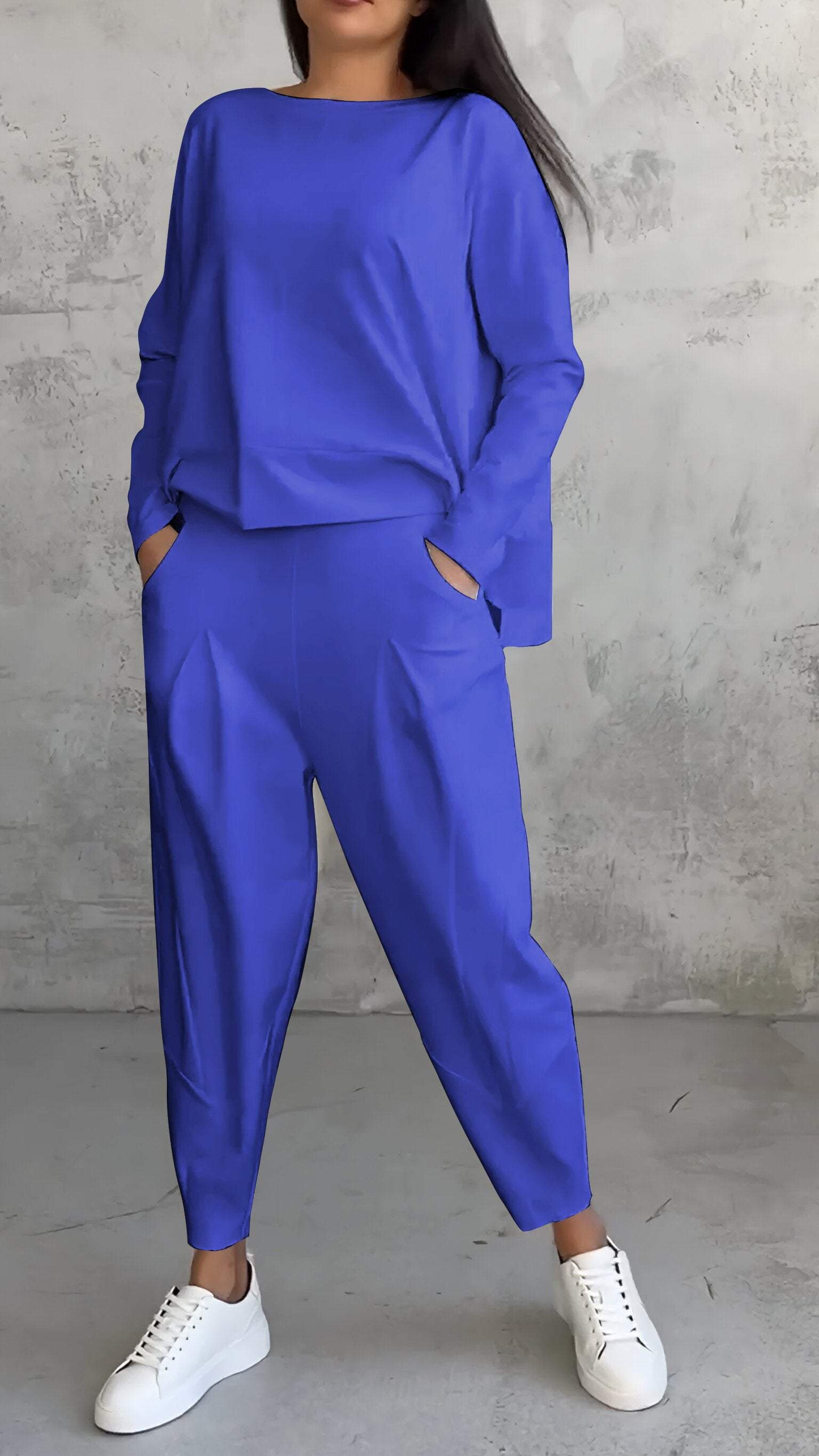 Women's gray 2-piece lounge set boat-neck long sleeve top with tapered pleated pants