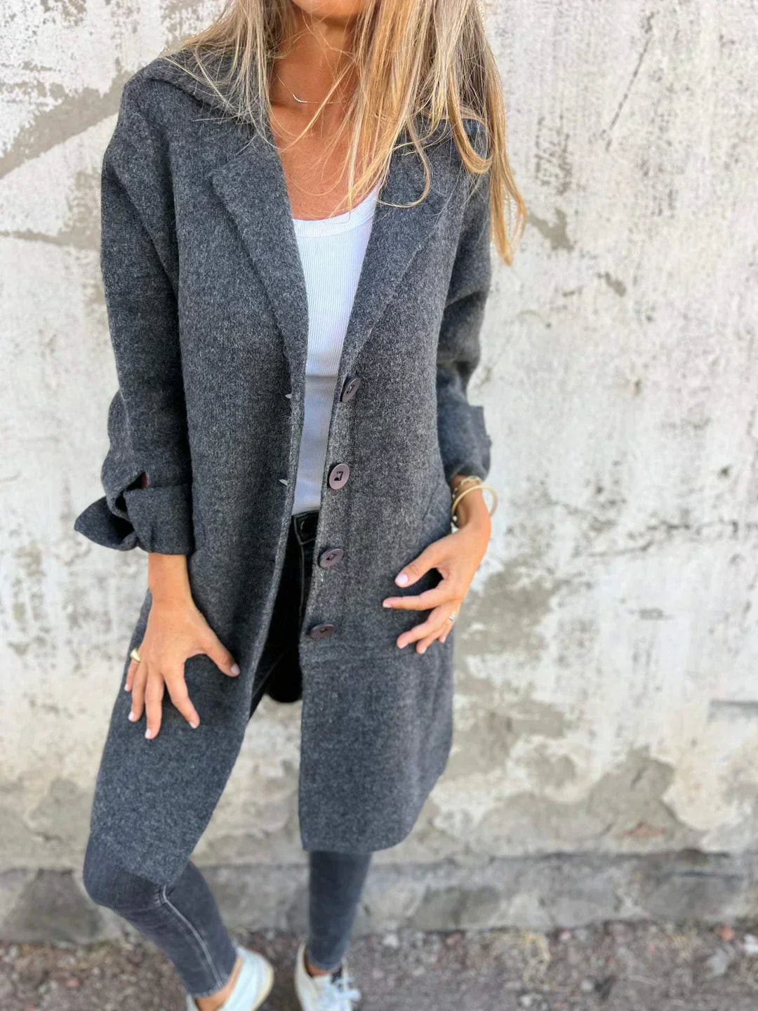 Margaret button down jacket in neutral felt-like texture, lightweight quilted finish, modern structured outerwear