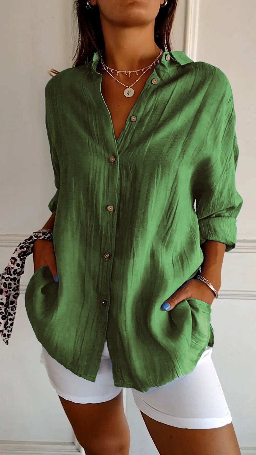 Azure blue oversized linen-look women's button-down shirt with wooden-tone buttons and spread collar