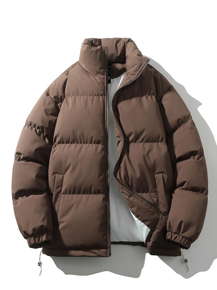 Men's lightweight quilted puffer jacket navy blue slim fit with high collar and zip closure