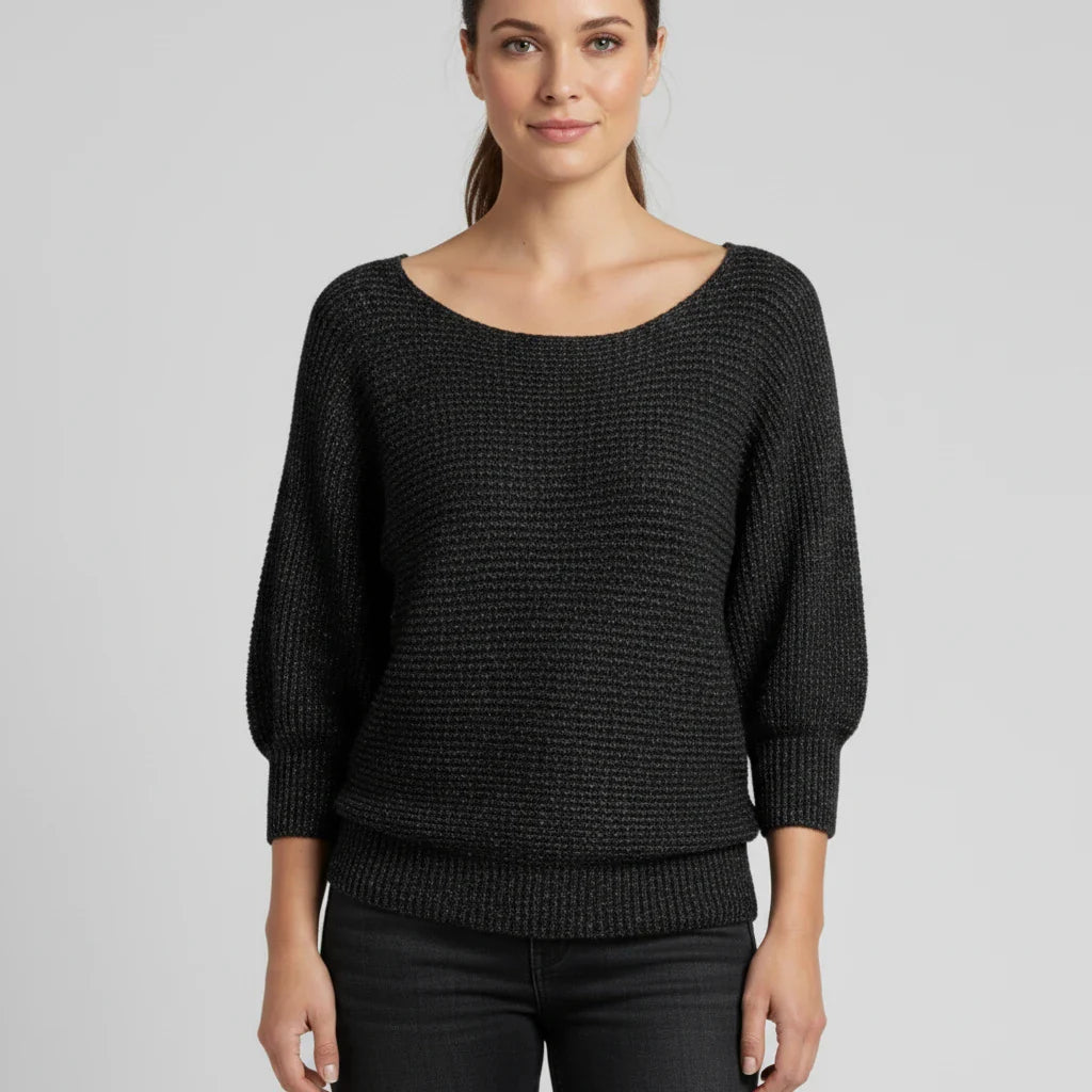 Women's beige knit sweater scoop neck drop shoulder relaxed fit three-quarter sleeves layering style