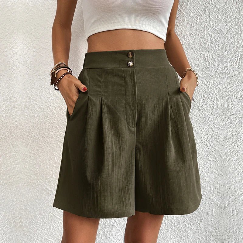 Women's high waist wide leg pleated shorts with double-button waistband and side pockets