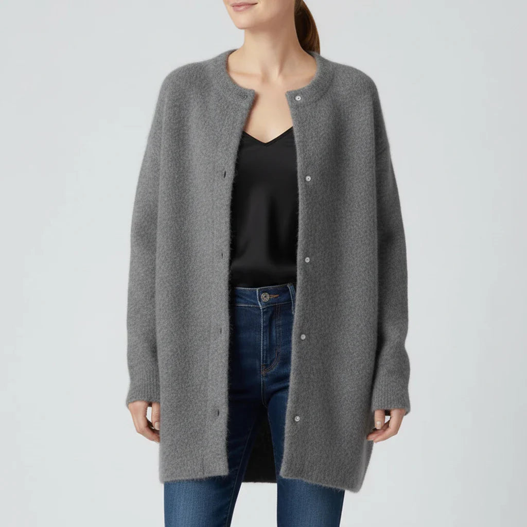 Women's oversized collarless knit cardigan with button front in cozy relaxed fit for layering