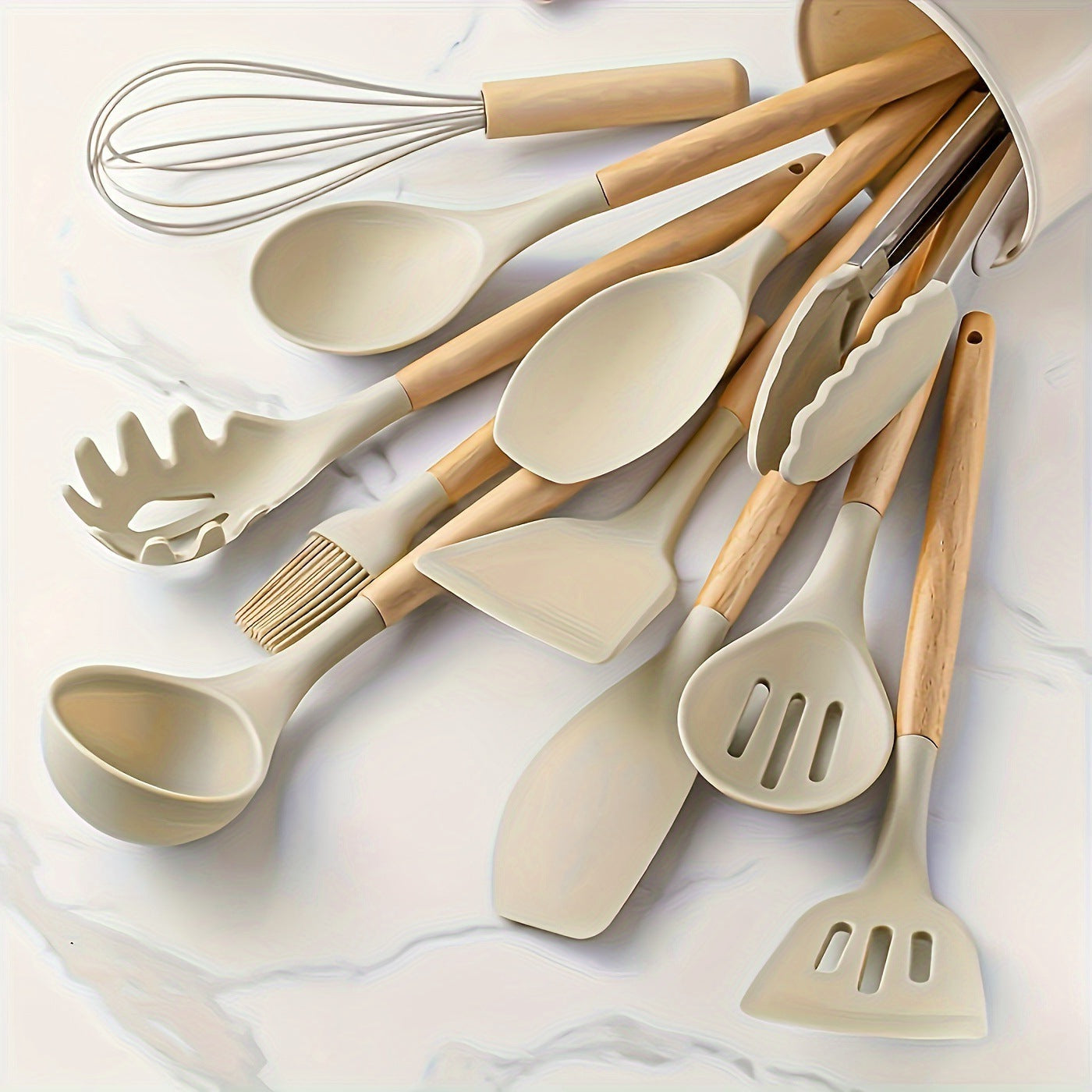 Minimalist 12-piece silicone and wood kitchen utensil set in natural tones, heat-resistant up to 230°C