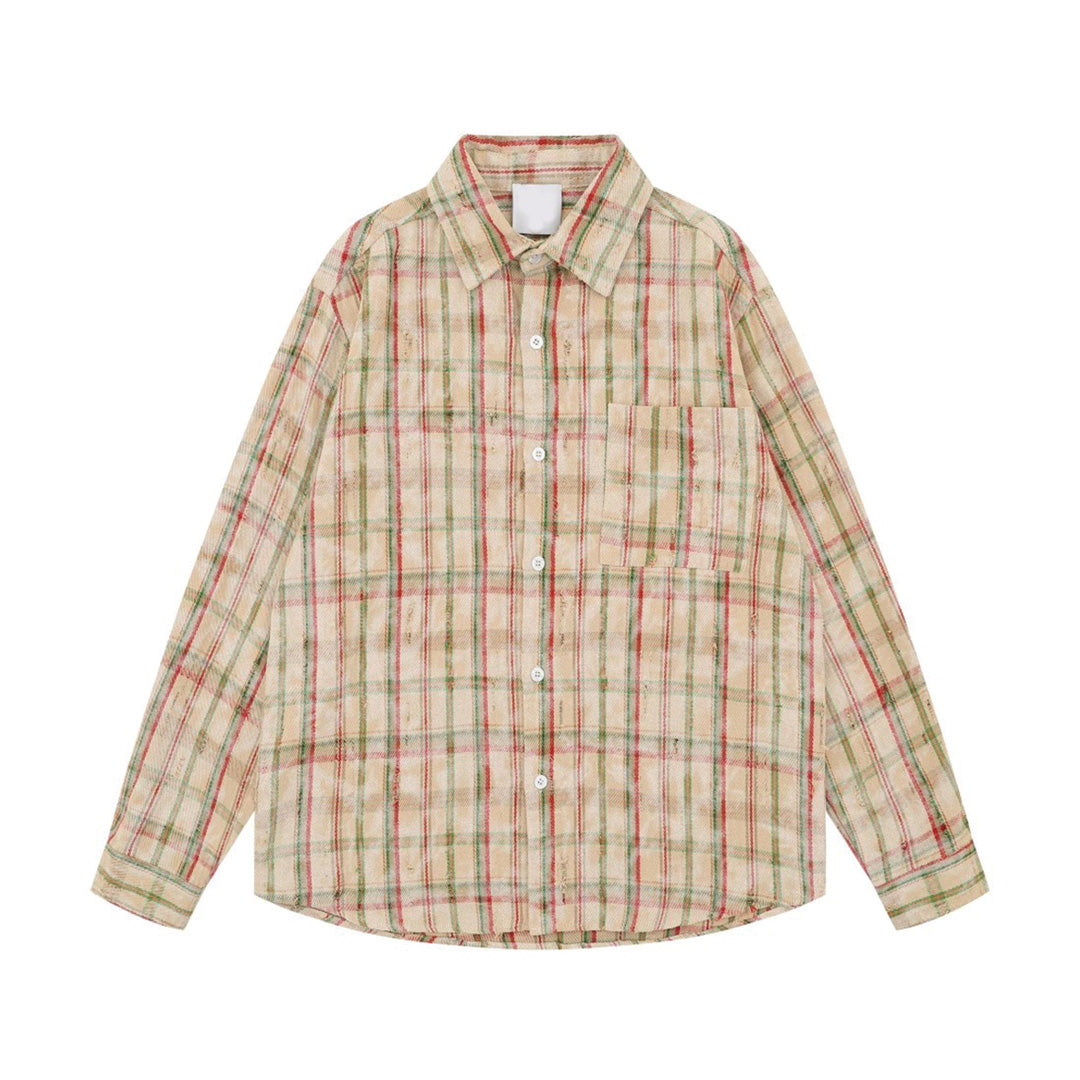 Relaxed-fit deconstructed plaid cotton shirt with faded tones and single chest pocket