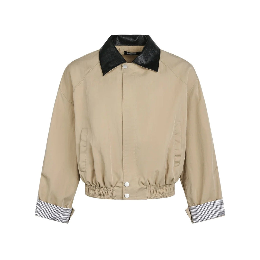 Relaxed-fit cotton jacket with mock-croc embossed collar and check-lined cuffs in neutral tones