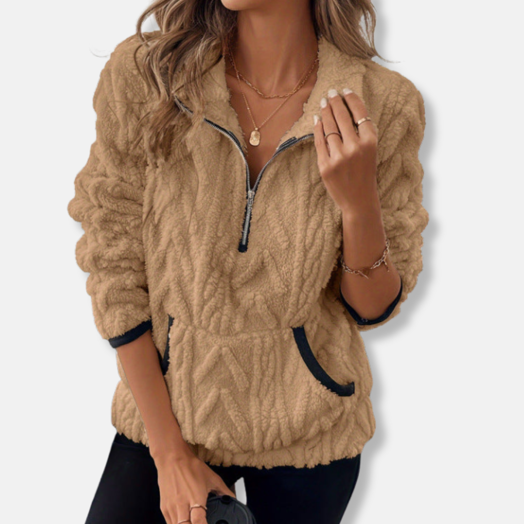 Women's plush fleece pullover sweatshirt in cozy relaxed fit with stand collar and half-zip