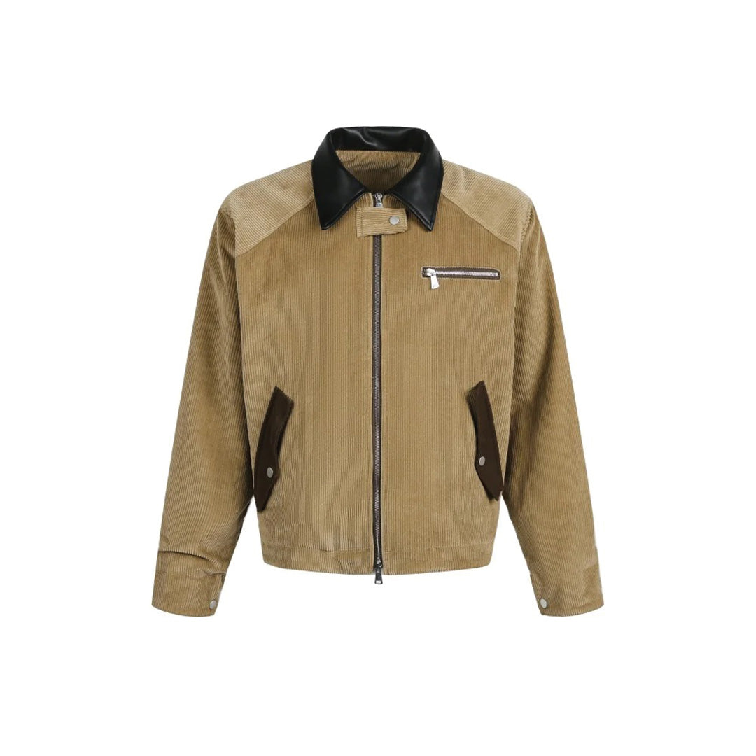 Brown corduroy zip jacket with contrast vegan leather collar and angular raglan sleeve paneling