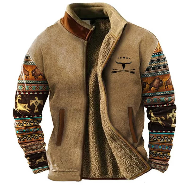 Men's western Aztec fleece jacket with sherpa lining, geometric pattern chest and sleeves, outdoor style