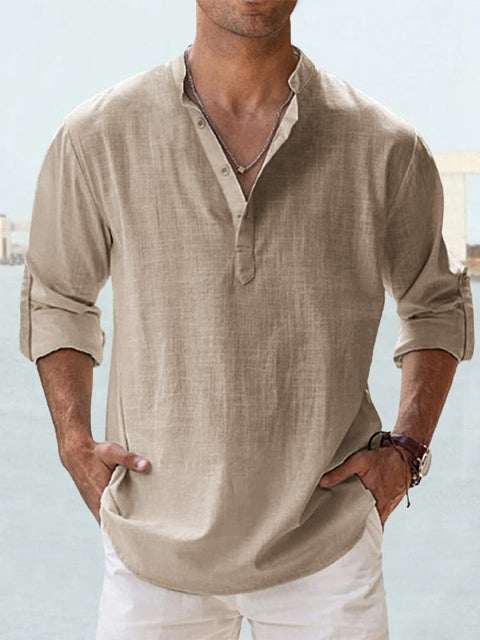 Men's relaxed fit linen shirt mandarin collar long sleeve breathable lightweight casual top